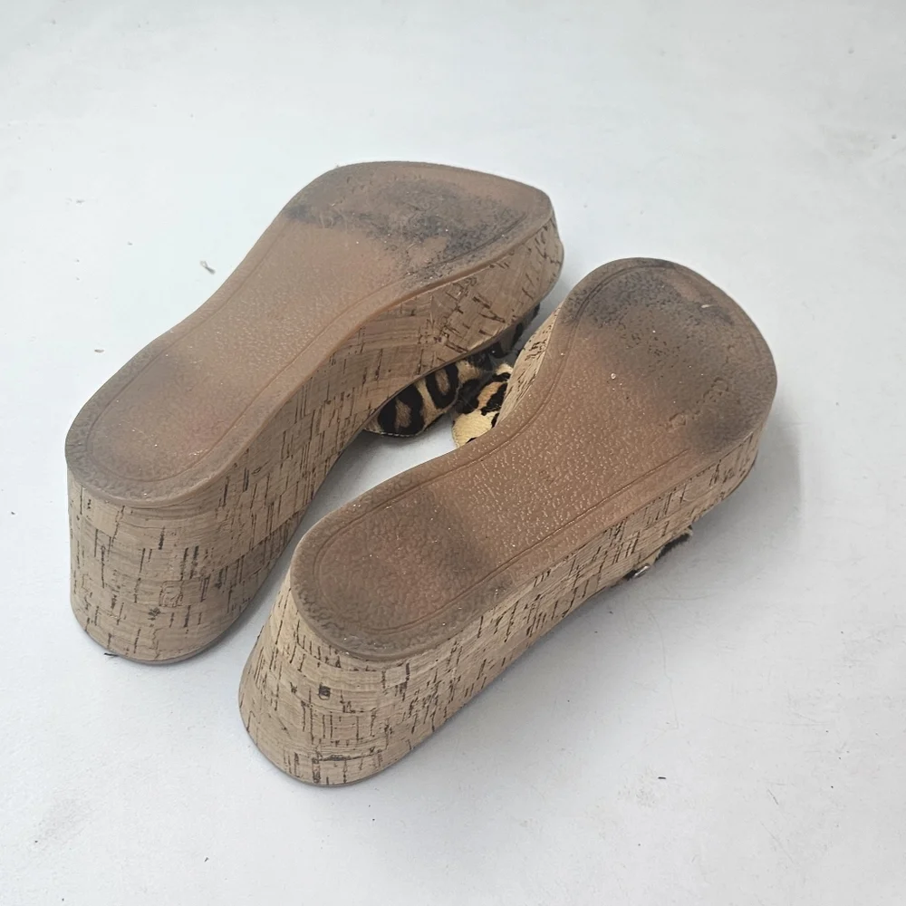 Sam Edelman Reid Leopard Calf Hair Cork Wedge Slide Sandals Platform Size 8